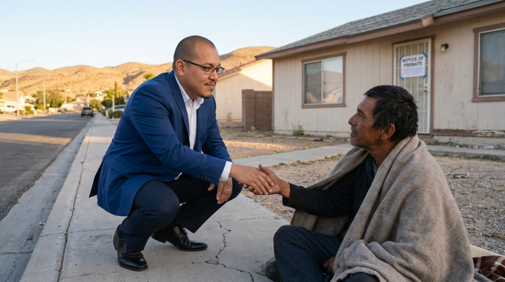 Edgar Velazquez shaking the hand of a homeless man