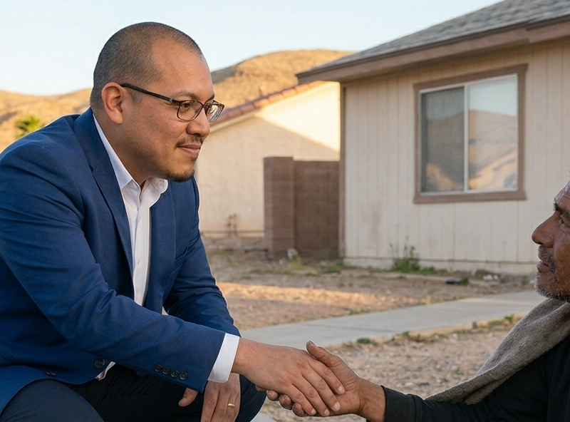 Edgar Velazquez shaking the hadn't of a homeless man.
