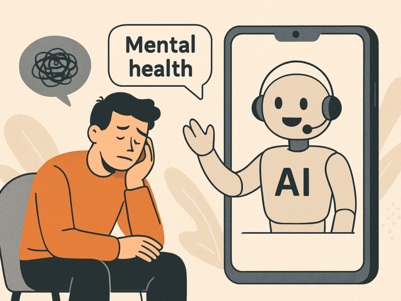 Distressed man on a chair seeks mental health support from a friendly AI assistant on a smartphone screen.