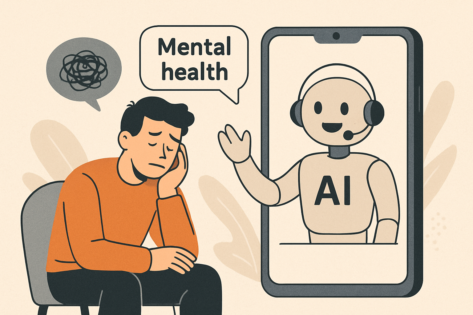 Distressed man on a chair seeks mental health support from a friendly AI assistant on a smartphone screen.