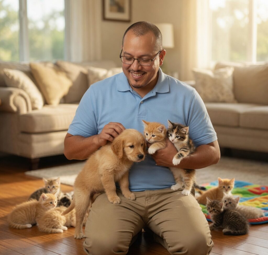 Edgar Velazquez playing with puppies and kittens