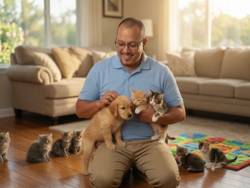 Edgar Velazquez playing with puppies and kittens.