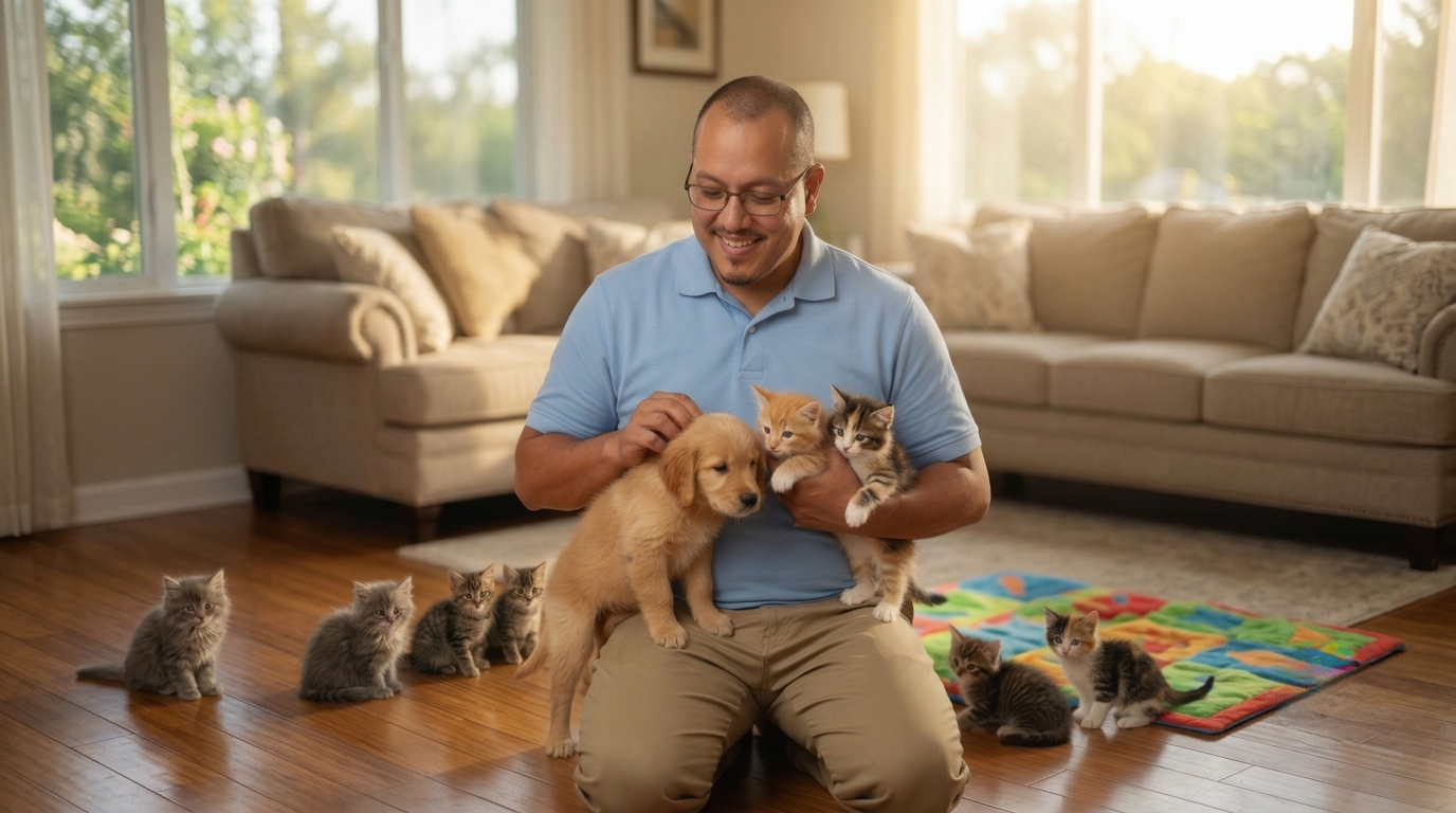 Edgar Velazquez playing with puppies and kittens.
