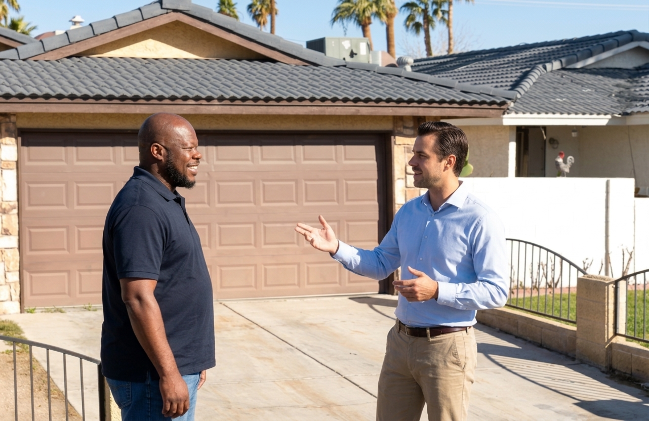 Thomas Moore and heir stand in a driveway outside a home in probate.