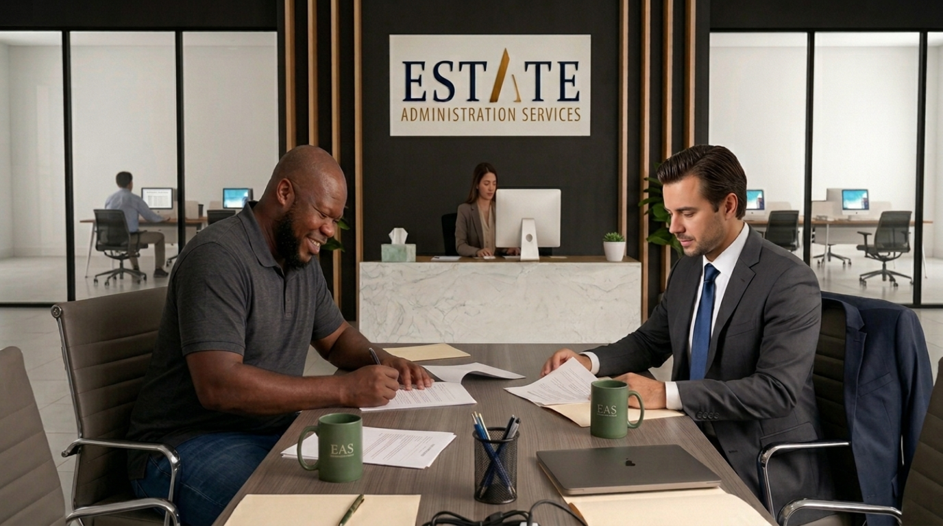 Thomas Moore and heir sign documents at a conference table in a modern office, with a marble reception desk and ESTATE Administration Services sign in the background.