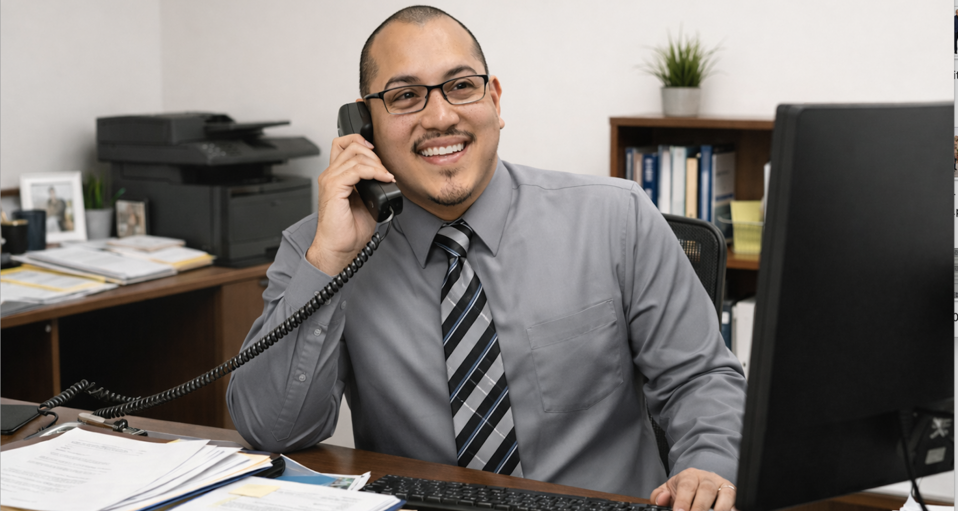 Edgar Velazquez on his phone at his desk