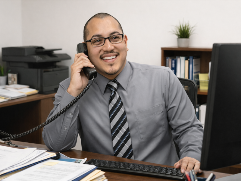 Edgar Velazquez on his phone at his desk