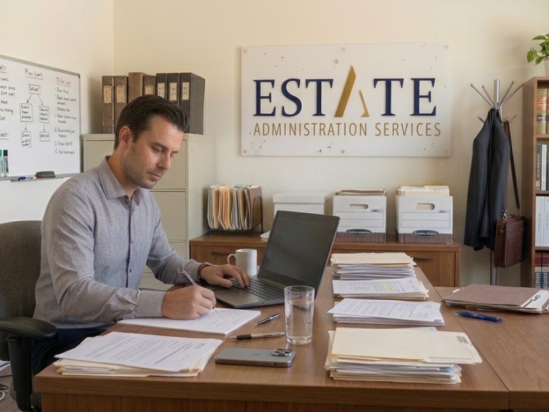Man at a wooden desk in an office, signing documents with a laptop open nearby, ESTATE Administration Services sign on the wall behind him.