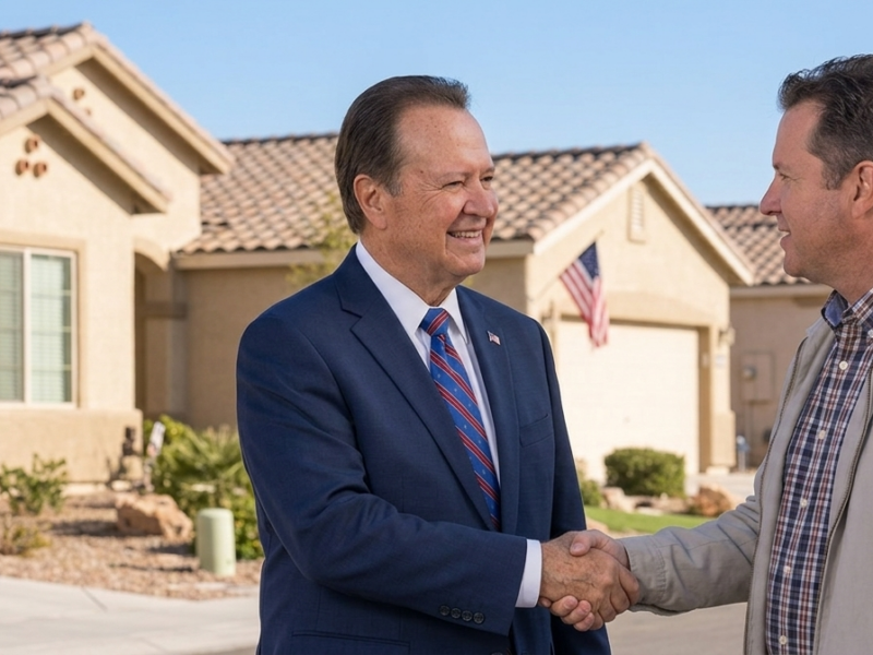 Two men shake hands outside a row of beige suburban homes on a sunny day.