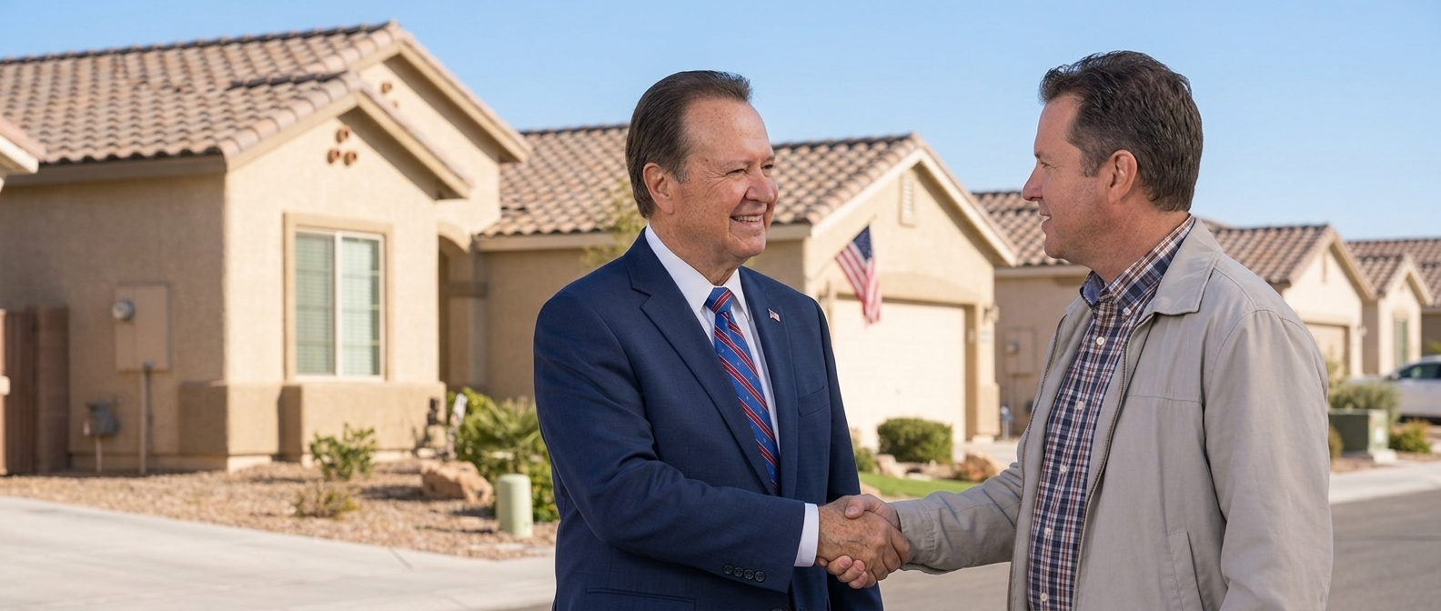 Two men shake hands outside a row of beige suburban homes on a sunny day.
