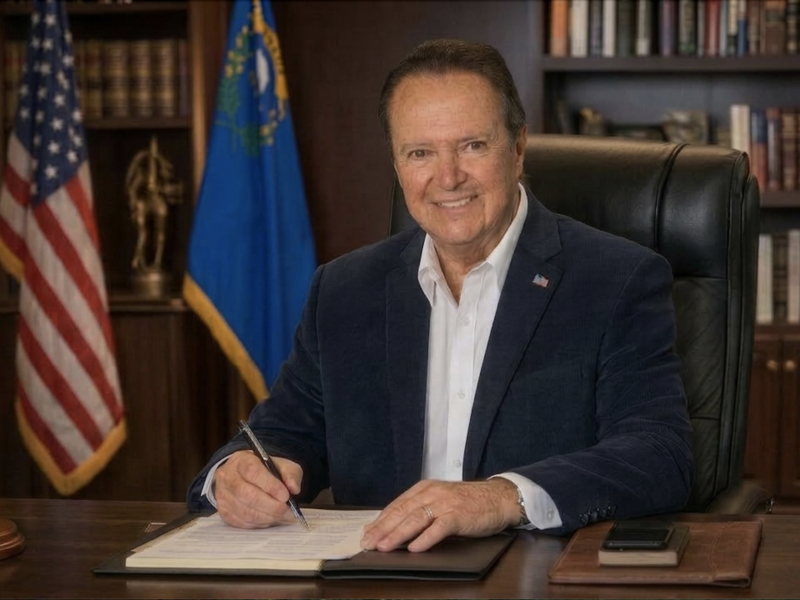 Smiling man in a dark blazer signs a document at a wooden desk in a formal office, with the American flag and state flag in the background.
