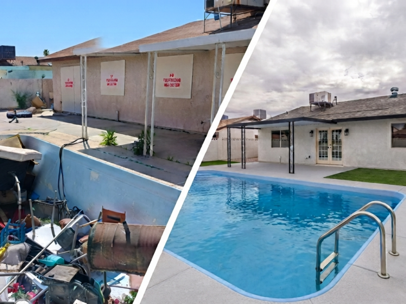 Split image showing a cluttered, rundown pool area with debris on the left and a clean, modern backyard pool setup on the right, illustrating a before-and-after renovation
