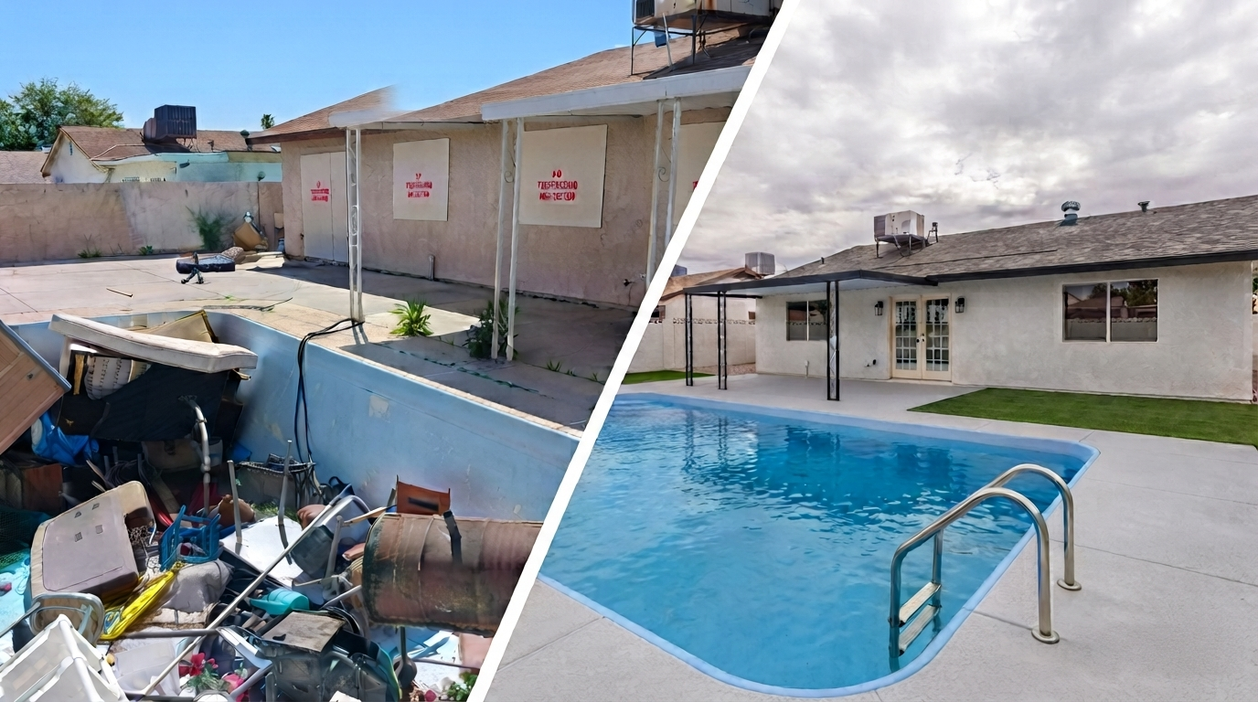Split image showing a cluttered, rundown pool area with debris on the left and a clean, modern backyard pool setup on the right, illustrating a before-and-after renovation
